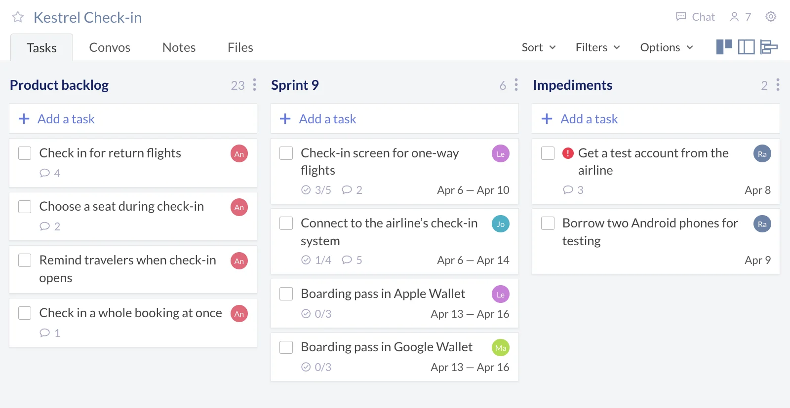 Illustration of Redbooth's board view for the Kestrel check-in workspace, with three task lists. The product backlog holds items such as check-in for return flights and seat selection, all assigned to Ana. Sprint 9 holds the Developers' tasks, such as the check-in screen for one-way flights and boarding passes in Apple Wallet and Google Wallet, with subtasks and dates from April 6 to April 16. The impediments list holds Ravi's tasks, such as getting a test account from the airline.
