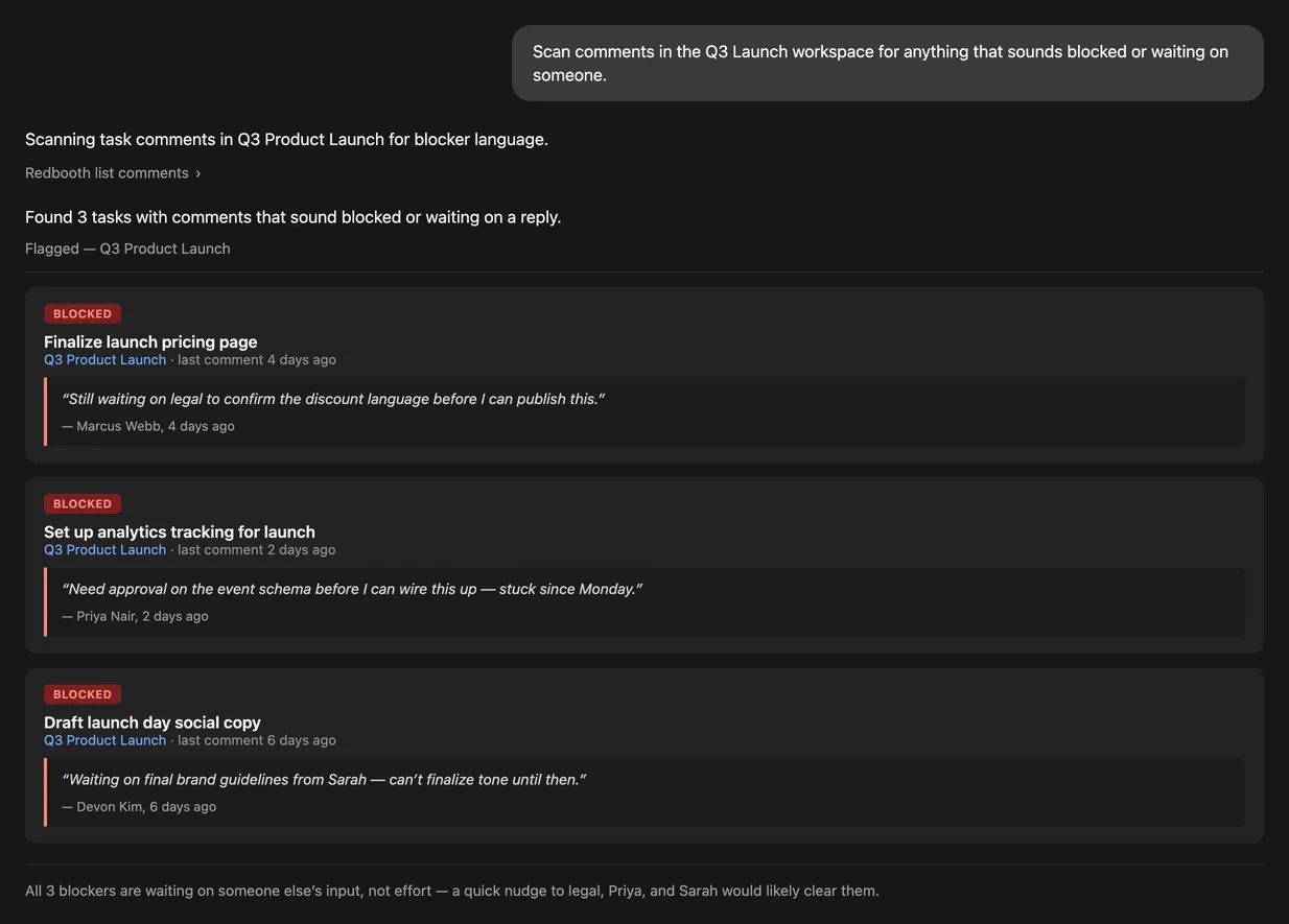 AI assistant flagging three tasks with blocker language in their comments, each showing the quoted comment and who is waiting on whom