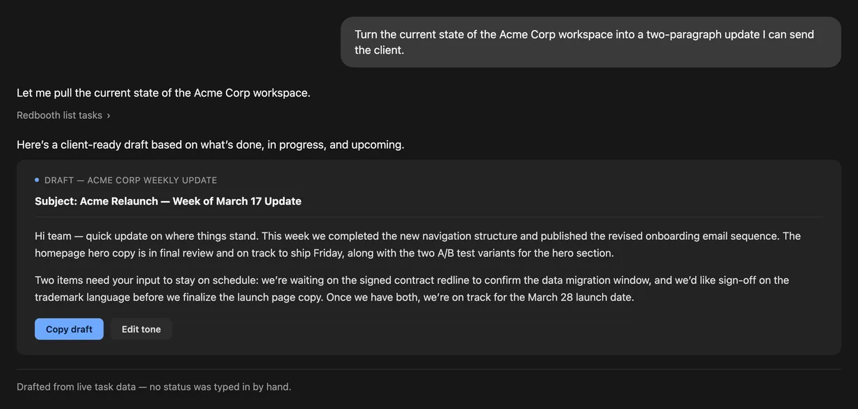 AI assistant drafting a two-paragraph client status update for the Acme Corp workspace, based on completed, in-progress, and upcoming tasks