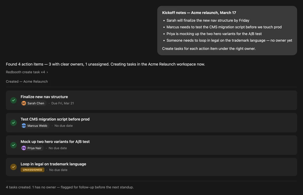 Un asistente de IA que lee las notas de una reunión de arranque y crea cuatro tareas de Redbooth, cada una con su responsable, a través del servidor MCP
