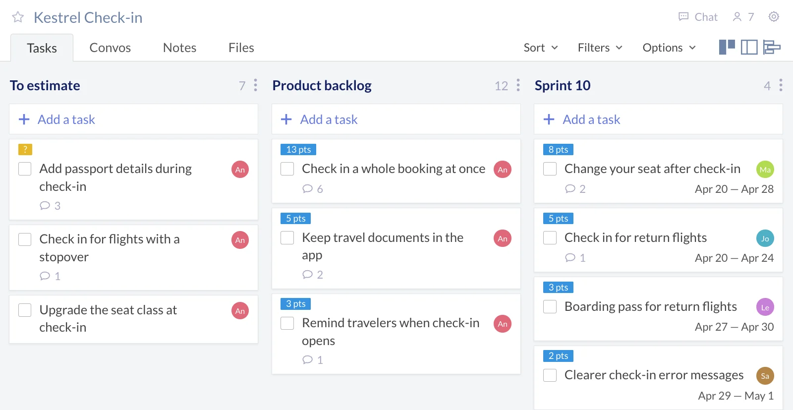 Illustration of Redbooth's board view for the Kestrel check-in workspace, with each task's estimate as a tag. A To estimate list holds new items, one of them tagged with a question mark. The product backlog holds estimated items, such as checking in a whole booking at once, tagged 13 pts. Sprint 10 holds the four items the team committed to, tagged 8, 5, 3 and 2 pts, each with an assignee and dates from April 20 to May 1.