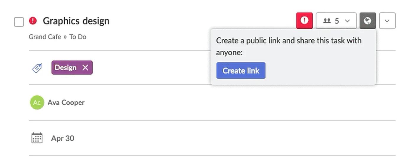 A Redbooth task called Graphics design with the globe icon clicked, showing a popover that reads 'Create a public link and share this task with anyone' and a Create link button