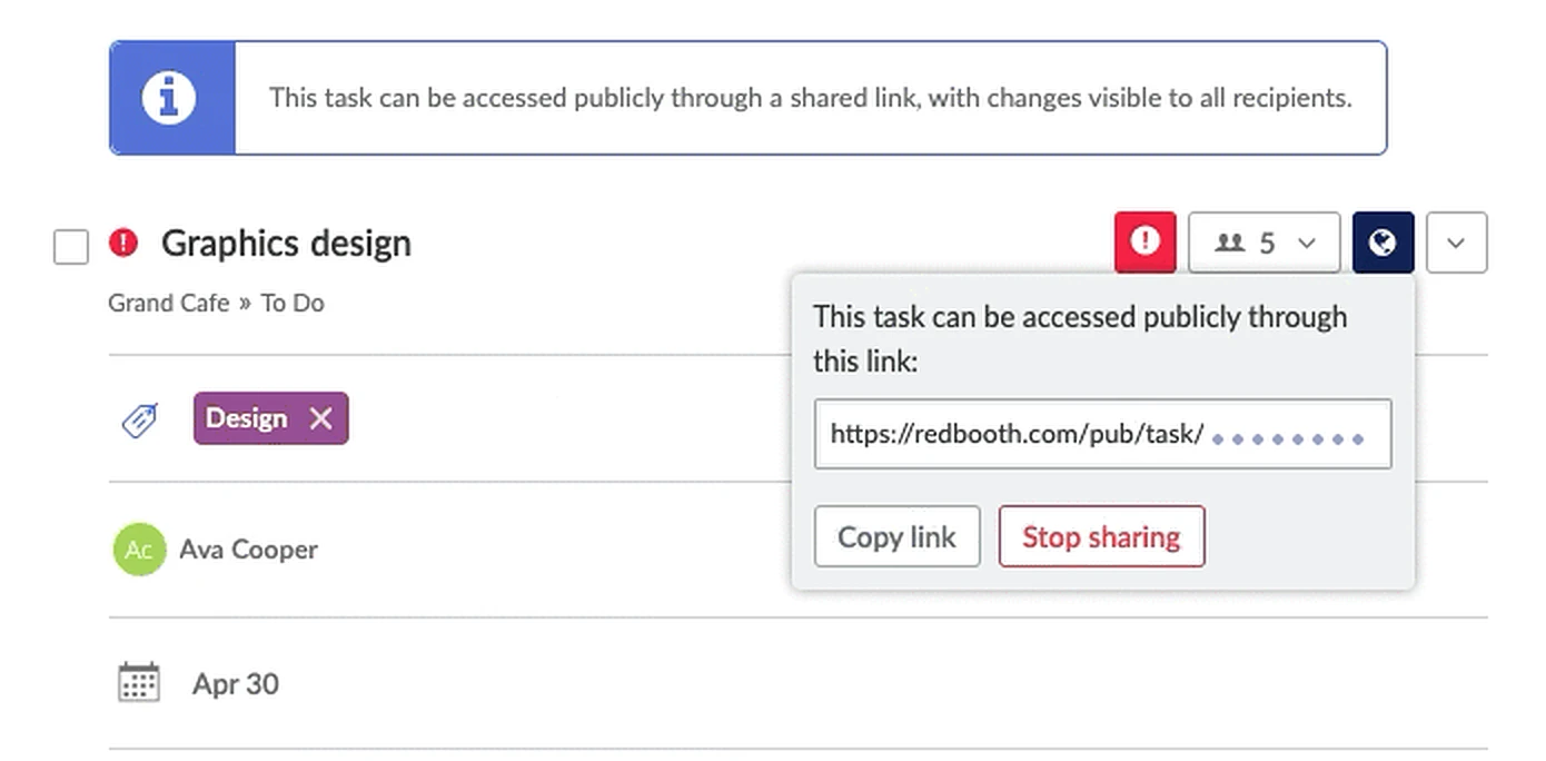 The same task after the link is created: a banner says the task can be accessed publicly through a shared link, and the popover shows the public link with Copy link and Stop sharing buttons