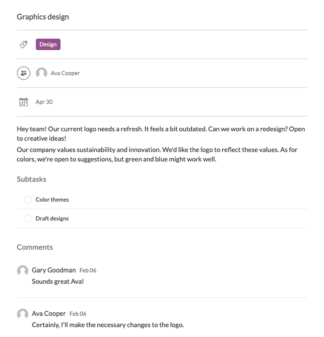 The public, read-only view of a task called Graphics design: its tag, assignee, due date, description, two subtasks and the comment thread, with no Redbooth sign-in