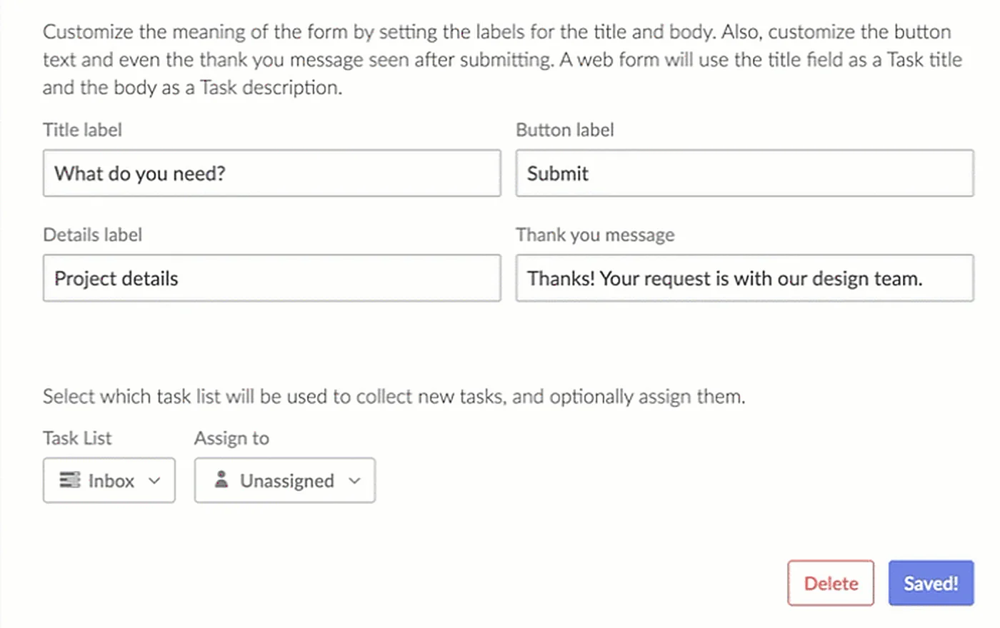 Etiquetas del formulario web: 'What do you need?' como etiqueta del título, 'Project details' como etiqueta de detalles, un mensaje de agradecimiento personalizado y los envíos dirigidos a la lista Inbox