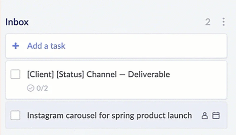 Lista de tareas Inbox de Redbooth con la nueva tarea 'Instagram carousel for spring product launch' creada desde el formulario web