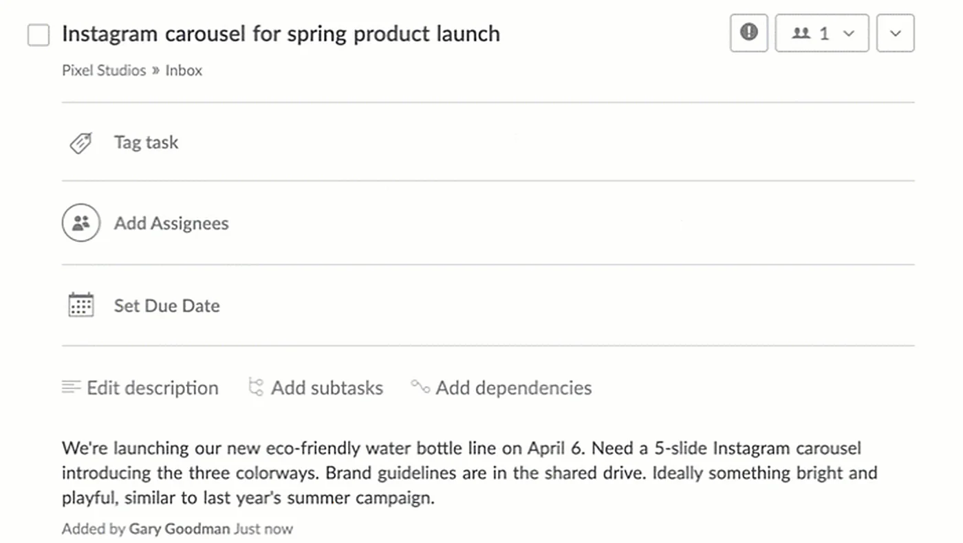 Detalle de la tarea 'Instagram carousel for spring product launch' en la lista Inbox, con el briefing completo de la solicitud como descripción