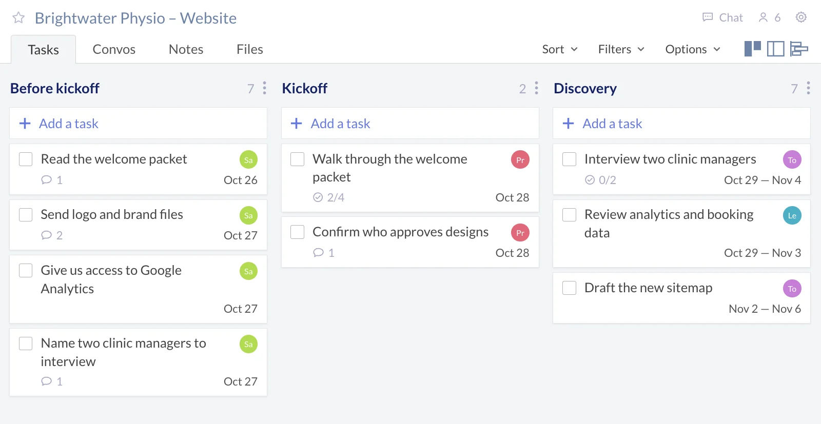 Illustration of Redbooth's board view for Alder Studio's Brightwater Physio website workspace, with three task lists. Before kickoff holds the client's tasks from the welcome packet, such as Read the welcome packet, Send logo and brand files and Give us access to Google Analytics, all assigned to Sam and due October 26 or 27. Kickoff holds Priya's tasks to walk through the welcome packet and confirm who approves designs, due October 28. Discovery holds Tom's and Leo's tasks, such as interviewing two clinic managers, from October 29 to November 6.