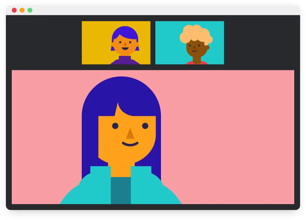 Ilustración de una videollamada HD de Redbooth con tres participantes