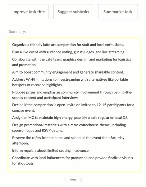 Herramientas de IA de Redbooth con la opción Resumir tarea, mostrando un resumen generado de la descripción y los comentarios de una tarea