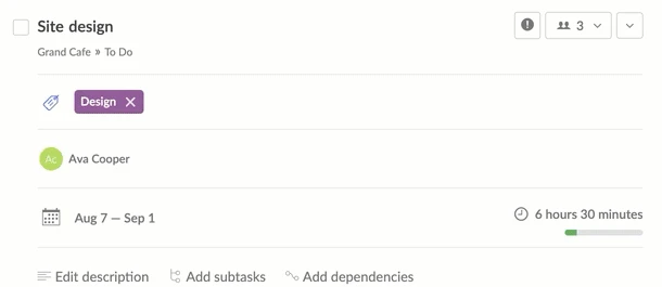 Tarea de Redbooth con una etiqueta, un responsable, un rango de fechas y 6 horas 30 minutos de tiempo registrado