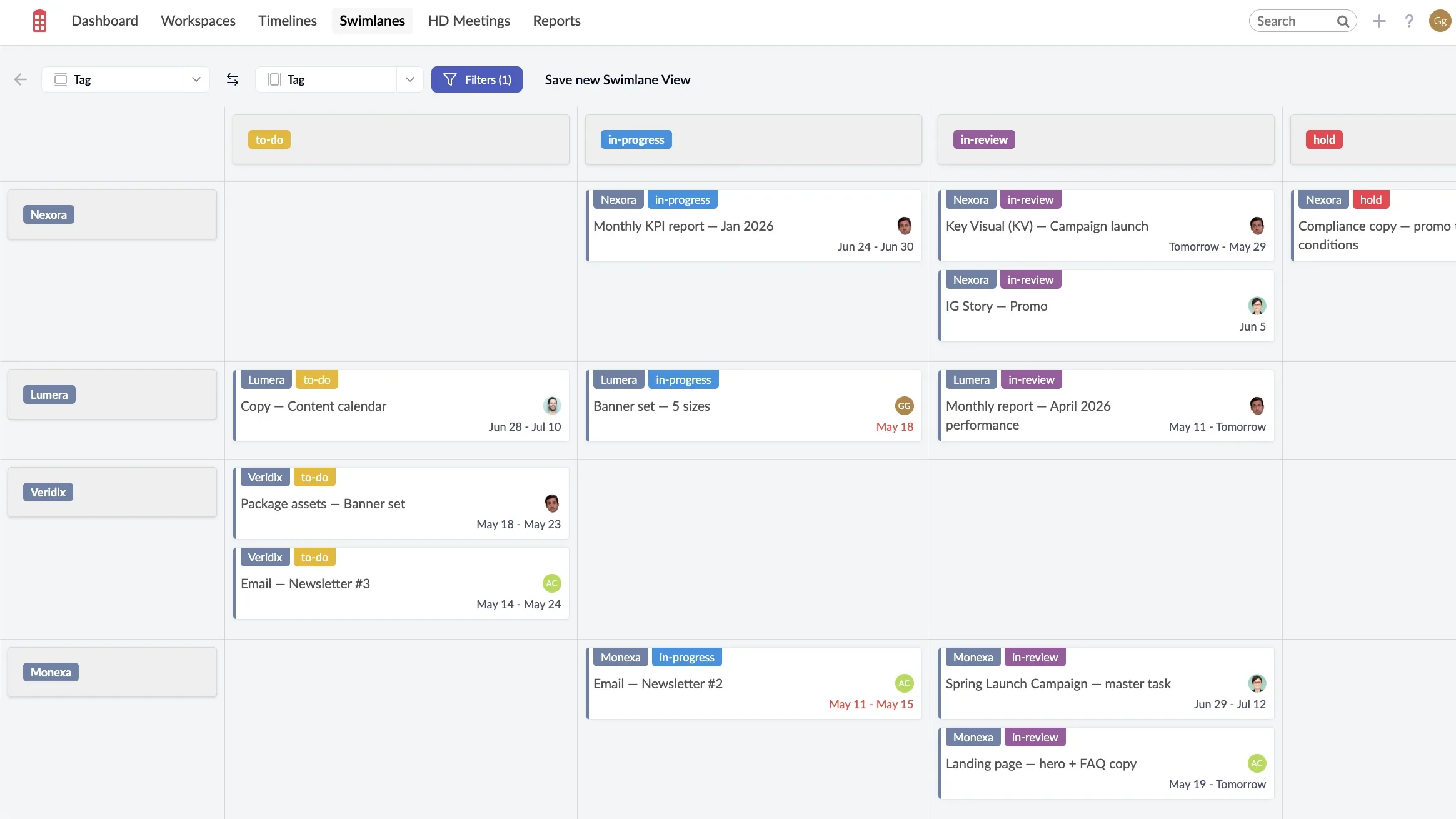 Redbooth swimlanes with client tags as rows and status tags as columns